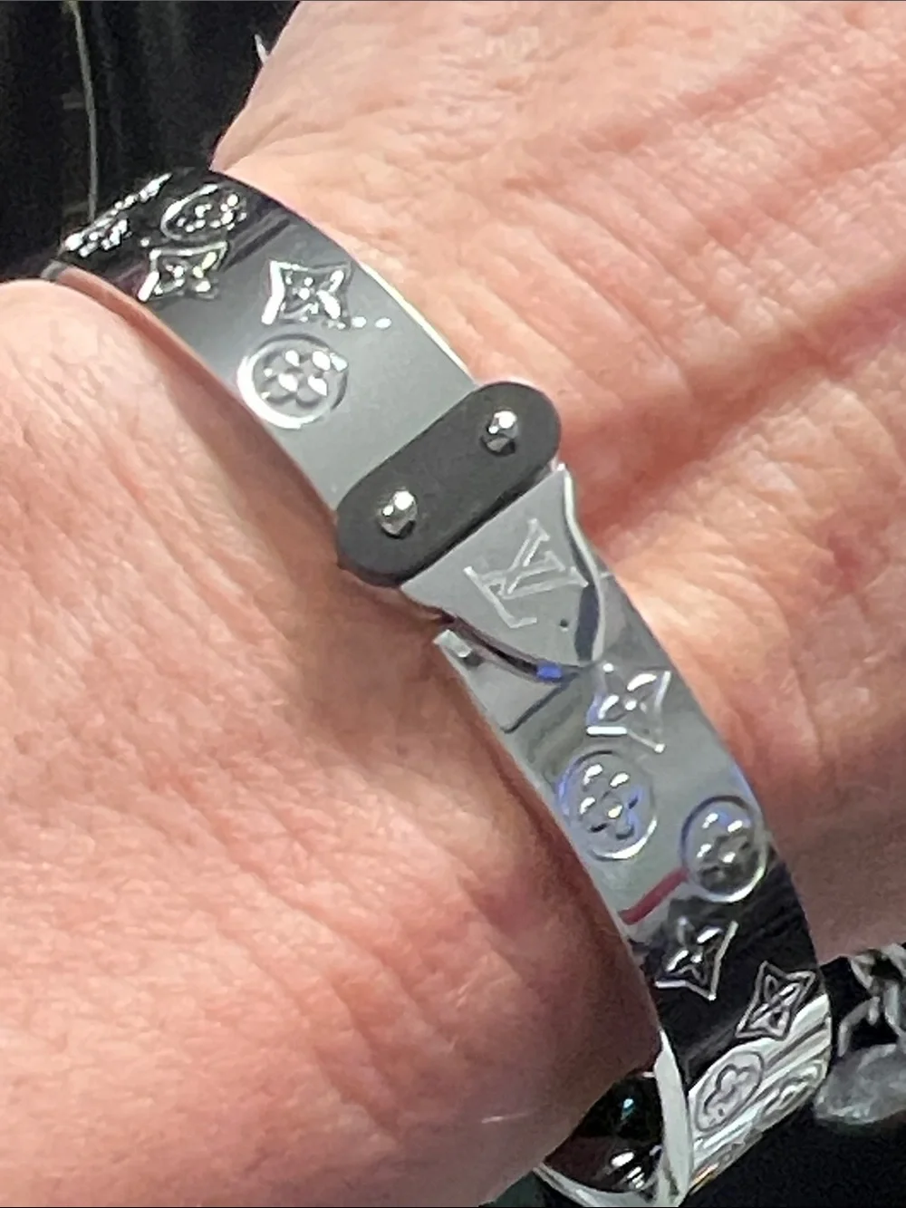 Up Cycled Inspired Silver-Tone Monogram Cuff Bracelet